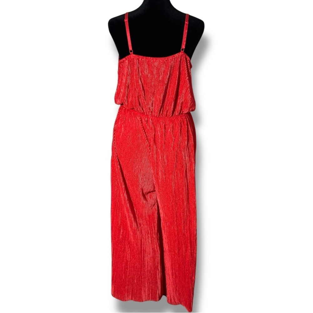 love, Fire Vibrant V Neck Wrap Style Top Sleeveless Flowy Red Wide Leg Jumpsuit - Picture 5 of 15